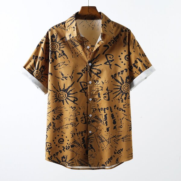 

Men Letter Graphic Button Up Shirt, Brown