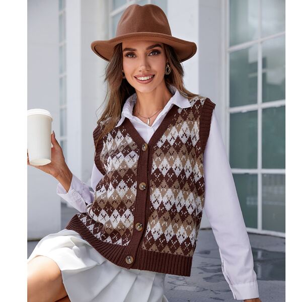 

Argyle Pattern Cardigan Vest Without Blouse, Multicolor