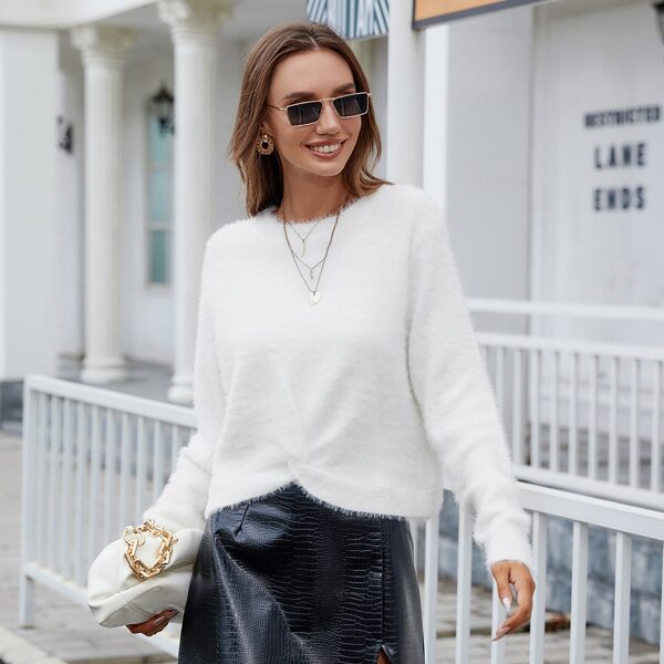 

Solid Twist Fluffy Knit Sweater, White