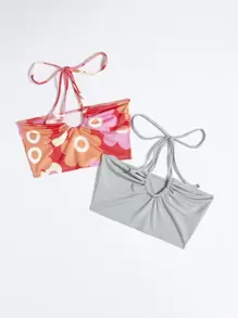 ROMWE Top halter corto con estampado floral & Top halter unicolor de canalé - Multicolor - Ver 1