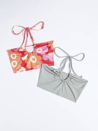 Floral Print Crop Halter Top & Solid Ribbed Halter Top