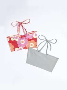 ROMWE Top halter corto con estampado floral & Top halter unicolor de canalé - Multicolor - Ver 2