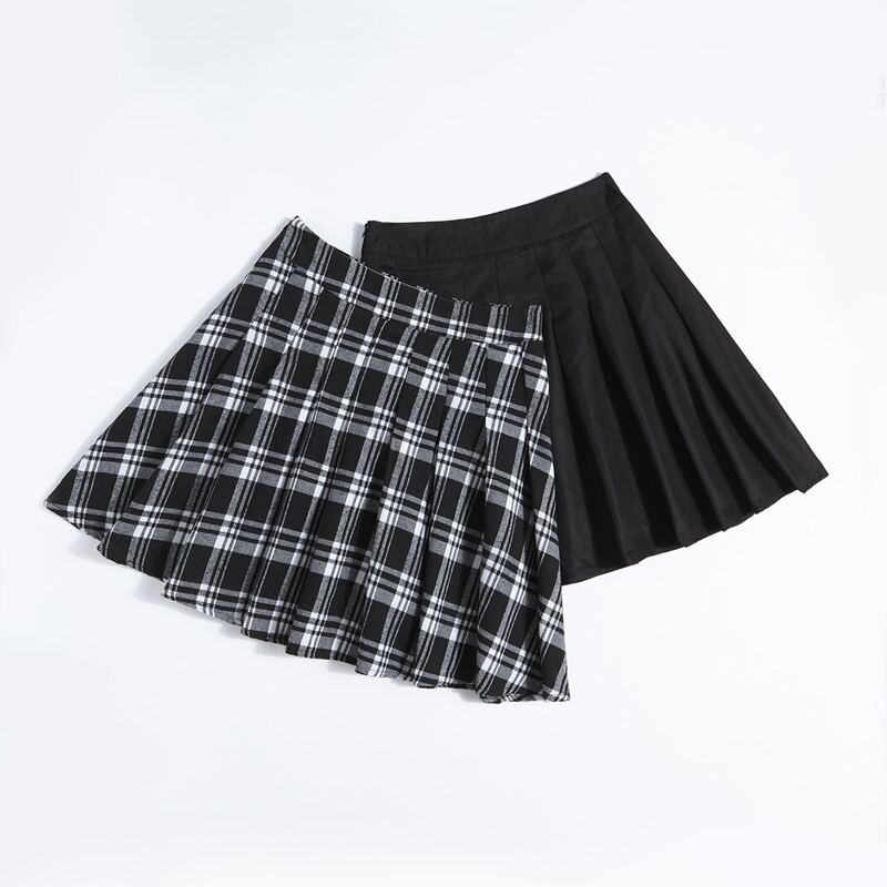 

1pc Solid Pleated Skirt & 1pc Plaid Pleated Skirt, Black and white