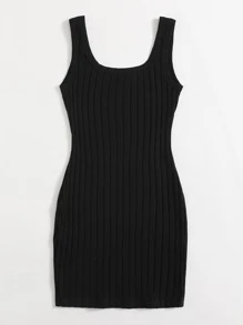 SHEIN EZwear Plus Solid Rib-knit Bodycon Dress - Black - View 2