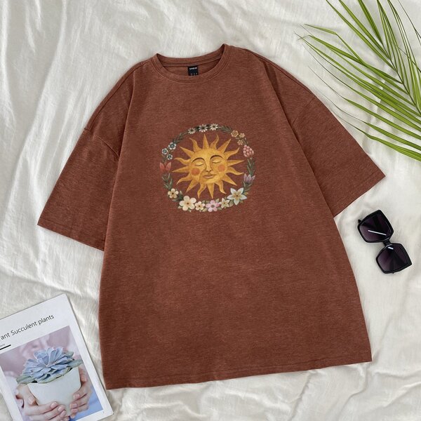 

Sun And Floral Print Drop Shoulder Oversized Tee, Rust brown