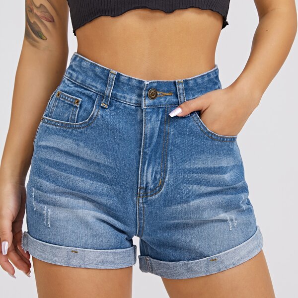 

High Waist Roll Hem Denim Shorts, Medium wash