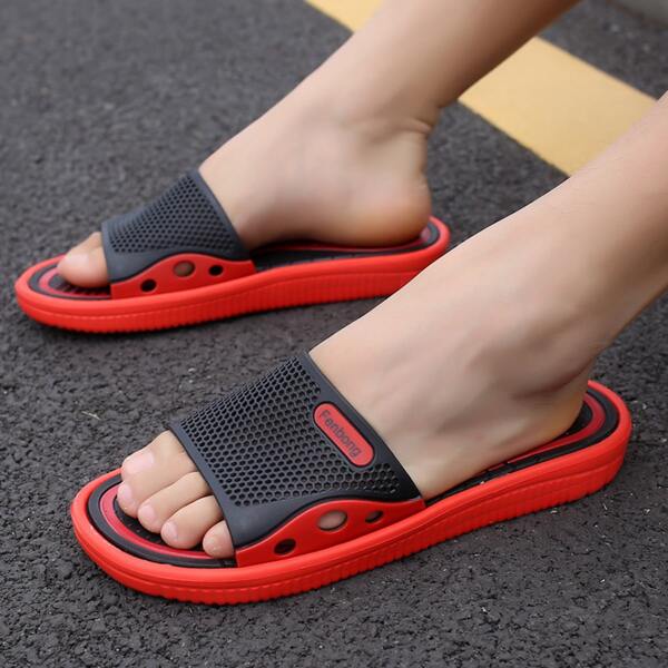

Men Two Tone Letter Patch Hollow Out Slides, Black