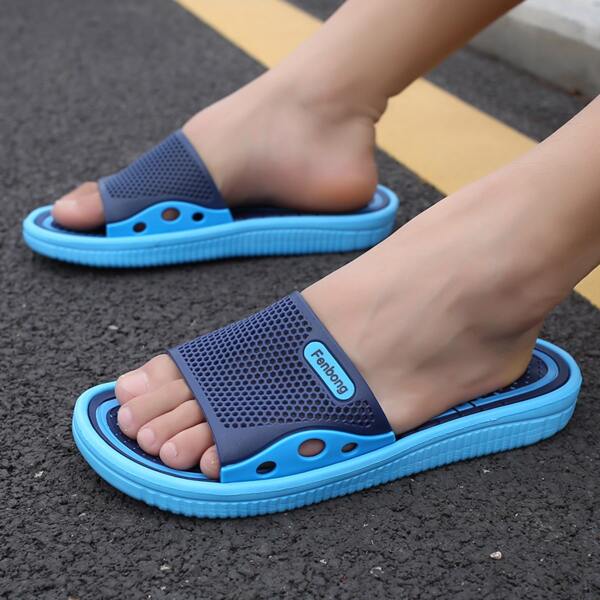 

Men Two Tone Letter Patch Hollow Out Slides, Blue