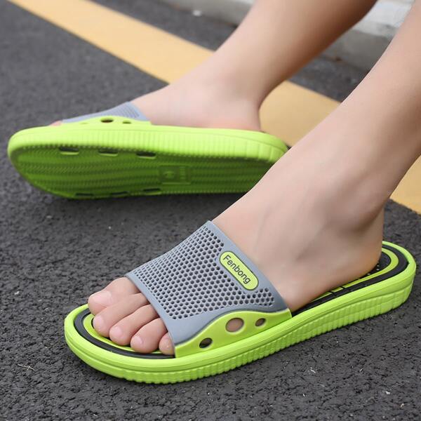 

Men Two Tone Letter Patch Hollow Out Slides, Green