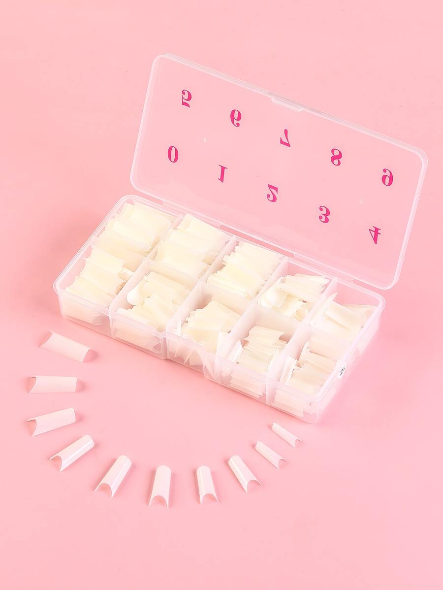 升級您的造型，500片長棺材形狀白色光澤假指甲貼片，指甲美容用品 - 白色 - 查看 1