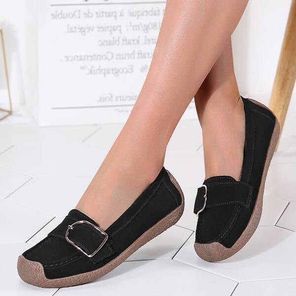 

Minimalist Buckle Decor Leather Loafers, Black