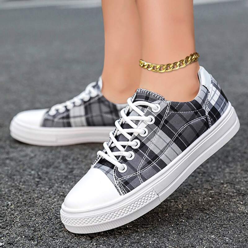 

Plaid Pattern Lace Up Front Casual Shoes, Black and white
