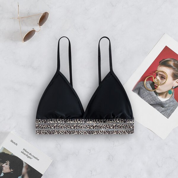 

Leopard Contrast Mesh Triangle Bikini Top, Black
