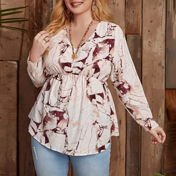 

Plus Marble Print Peplum Blouse, Multicolor