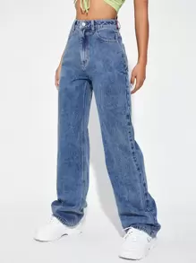 Jeans de talle alto de pierna ancha - Azul lavado medio - Ver 1