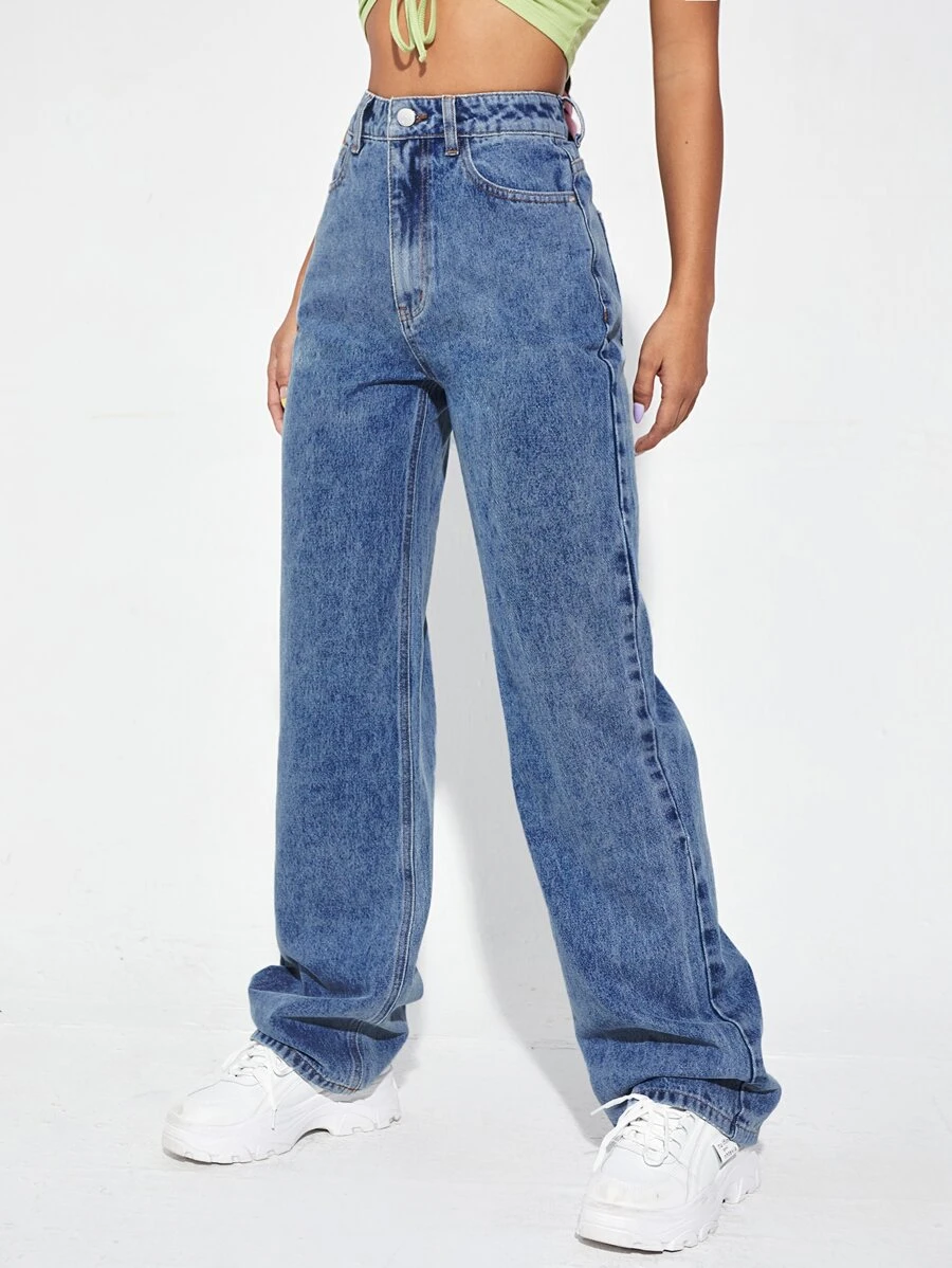 Jeans de talle alto de pierna ancha - Azul lavado medio - Ver 1