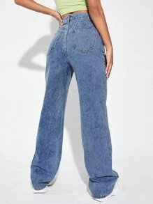 Jeans de talle alto de pierna ancha - Azul lavado medio - Ver 2