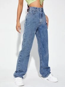 Jeans de talle alto de pierna ancha - Azul lavado medio - Ver 3