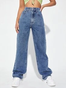 Jeans de talle alto de pierna ancha - Azul lavado medio - Ver 5