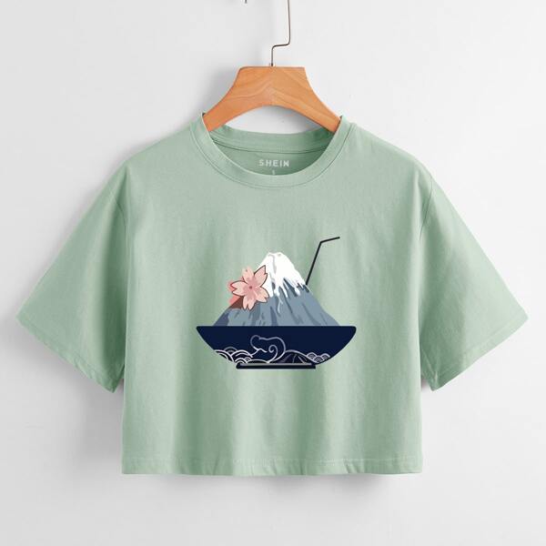 

Floral And Mountain Print Crop Tee, Mint green