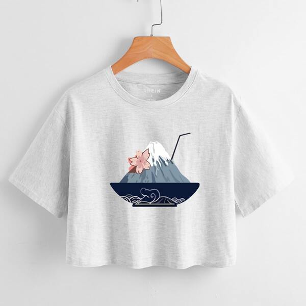 

Floral And Mountain Print Crop Tee, Light grey