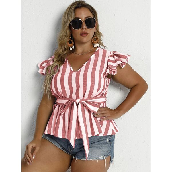 

Plus Striped Ruffle Trim Belted Blouse, Red and white