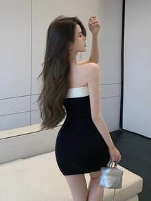 拼接面抹胸緊身連衣裙 - 黑色 - 查看 2