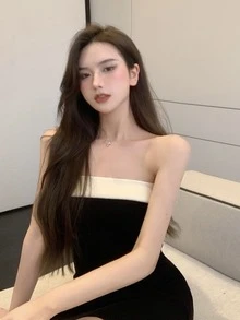 拼接面抹胸緊身連衣裙 - 黑色 - 查看 3