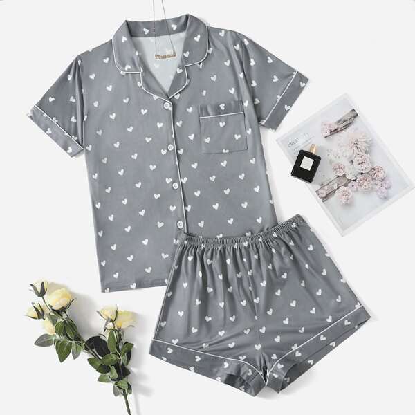 

Heart Print Lapel Collar Pajama Set, Grey