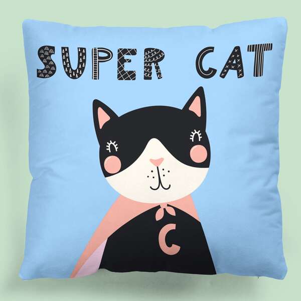 

Kids Cartoon Cat Print Cushion Cover Without Filler, Multicolor
