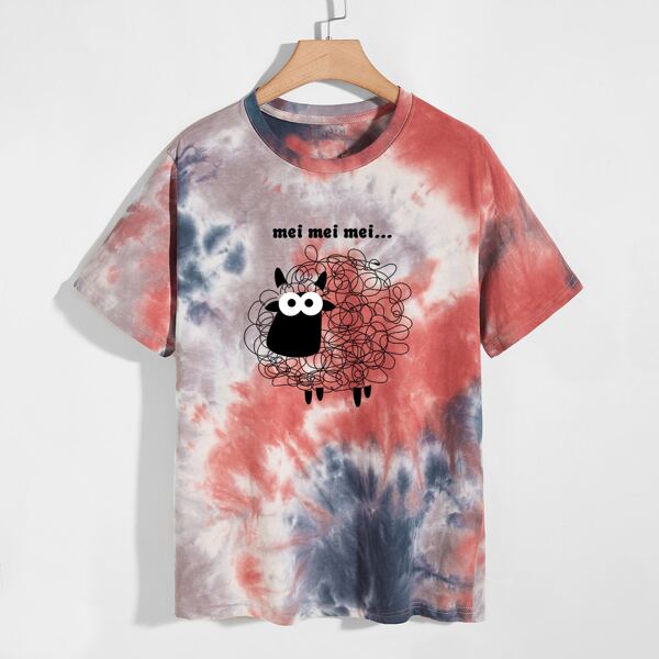 

Men Tie Dye Cartoon Sheep And Letter Graphic Tee, Multicolor