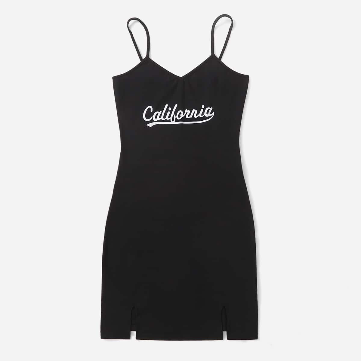 

Letter Print Split Cami Dress, Black