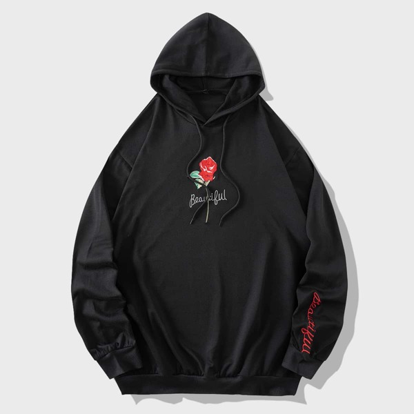 

Men Floral & Letter Embroidery Drawstring Hoodie, Black