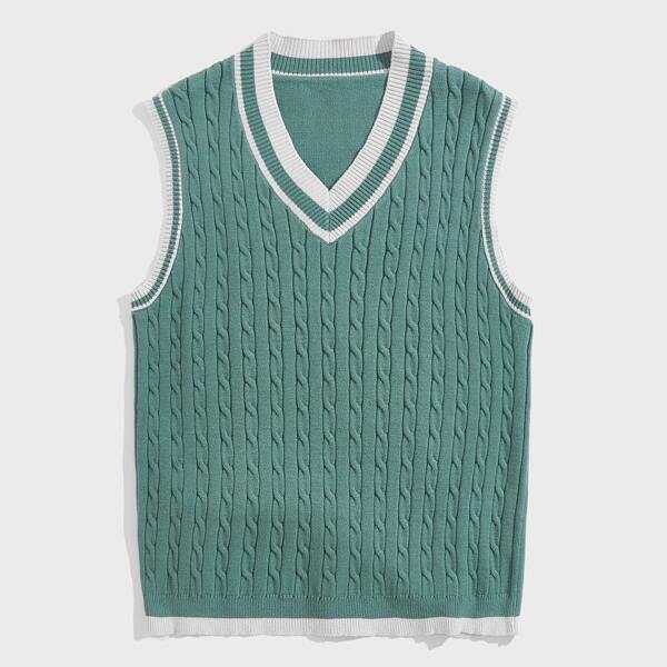 

Men Contrast Binding Cable Knit Cardigan Vest, Mint green
