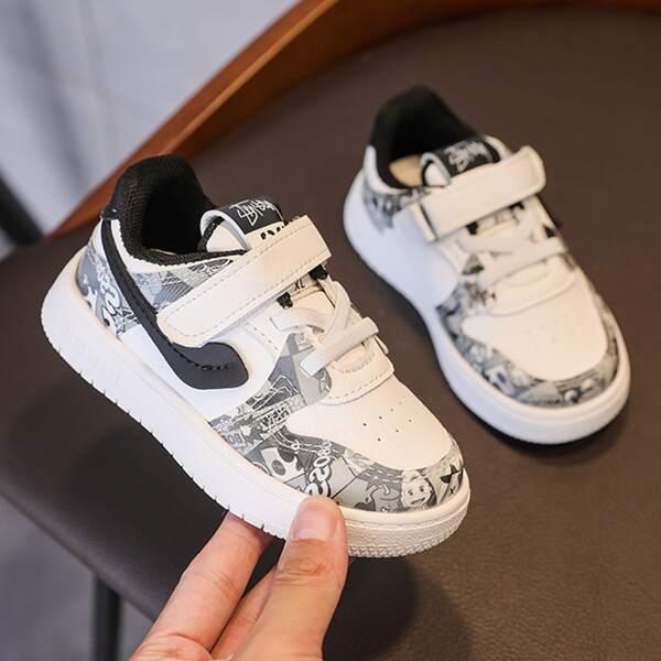 

Toddler Girls Cartoon Graphic Velcro Strap Sneakers, Black and white