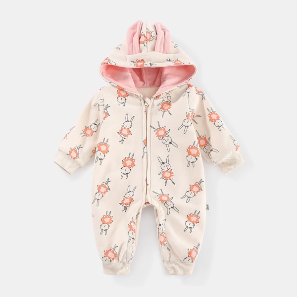 

Baby Girl Allover Cartoon Print Hooded Jumpsuit With Ears, Baby pink