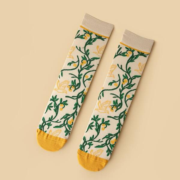 

Bird & Leaf Print Crew Socks, Multicolor