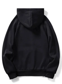 ROMWE MEN Prep Men Solid Drawstring Kangaroo Pocket Hoodie, School - Black - View 2