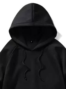 ROMWE MEN Prep Men Solid Drawstring Kangaroo Pocket Hoodie, School - Black - View 4