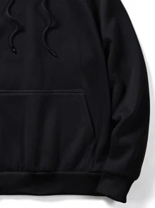 ROMWE MEN Prep Men Solid Drawstring Kangaroo Pocket Hoodie, School - Black - View 3