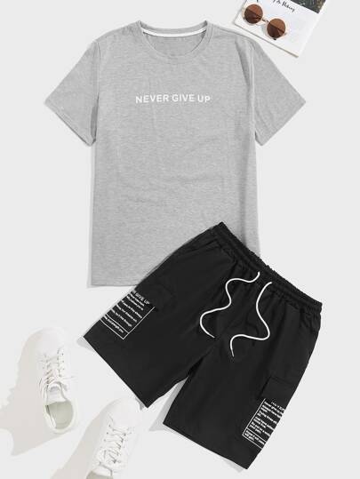 Manfinity Men Slogan Graphic Tee With Flap Pockets Shorts