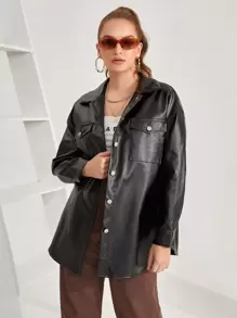SHEIN Essnce Cazadora Con Botones Con Bolsillos De Solapa De PU - Negro - Ver 1