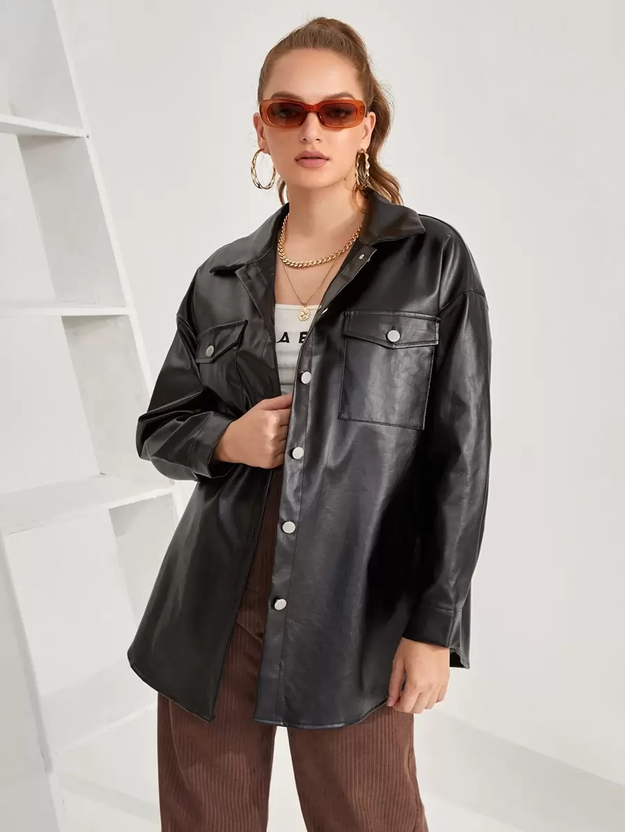 SHEIN Essnce Cazadora Con Botones Con Bolsillos De Solapa De PU - Negro - Ver 1