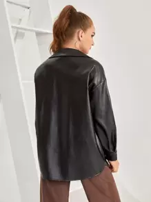SHEIN Essnce Cazadora Con Botones Con Bolsillos De Solapa De PU - Negro - Ver 2