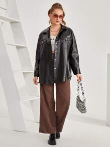 SHEIN Essnce Cazadora Con Botones Con Bolsillos De Solapa De PU - Negro - Ver 4