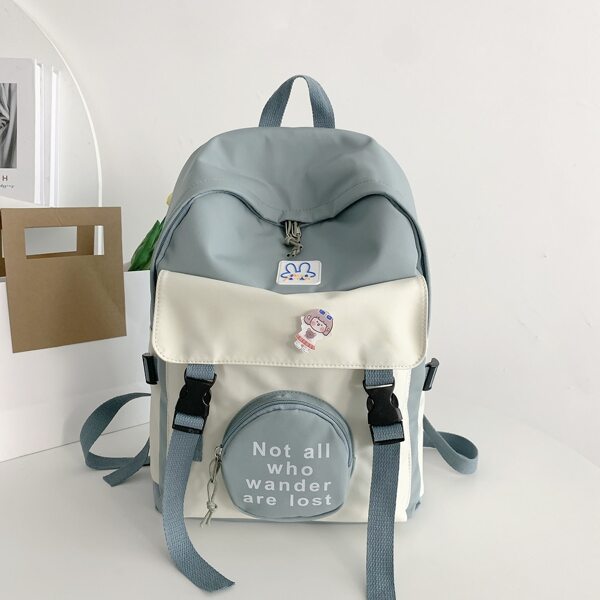 

Letter Graphic Buckle Decor Functional Backpack, Blue and white