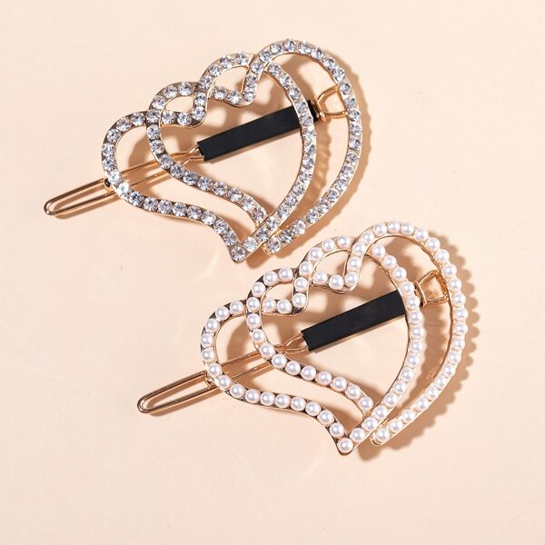 

2pcs Faux Pearl & Rhinestone Heart Decor Hair Clip, Gold