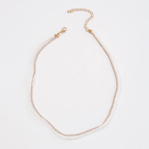 

Faux Pearl & Rhinestone Decor Layered Necklace, Gold