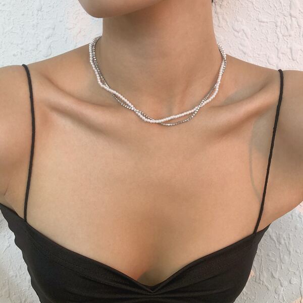 

Faux Pearl & Rhinestone Decor Layered Necklace, Silver