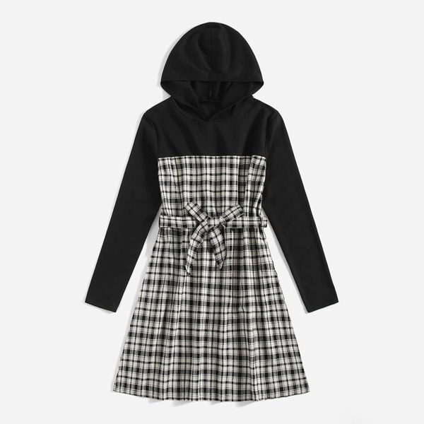 

Plaid Belted Hooded Dress, Black and white